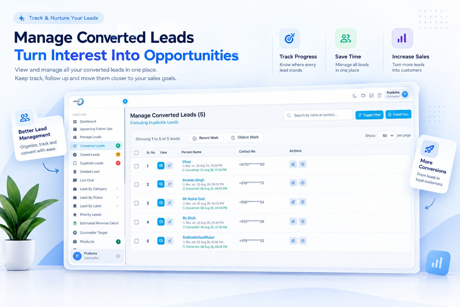 Sales Mitra CRM screen: Manage converted leads